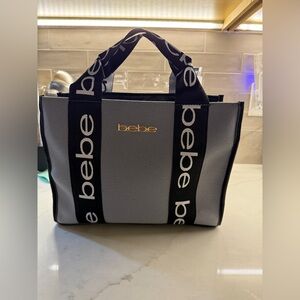 Bebe Black and Denim Tote Bag with Gold Logo NWT
